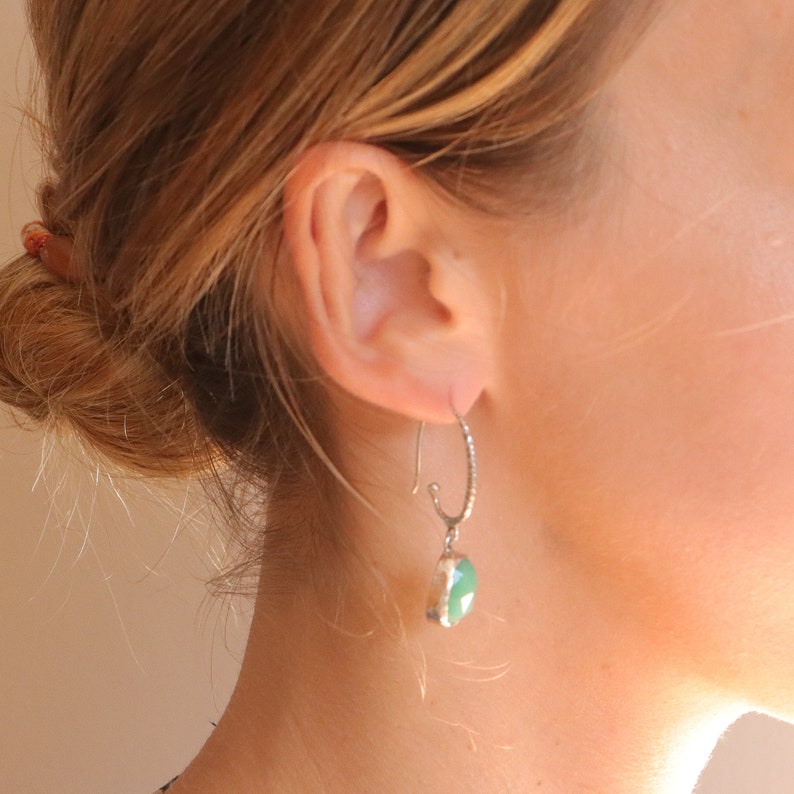 Chrysoprase hoop earrings, sterling silver hoop gemstone earrings, gold hoops, green stone earrings, drop earrings, chrysoprase jewelry image 3
