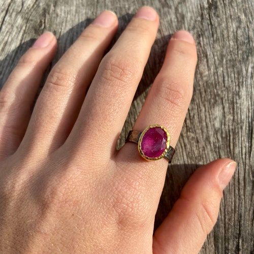 Ruby ring, gold ruby ring, pink shops stone ring, glass ruby ring, US size 6 3/4 and 7 1/4