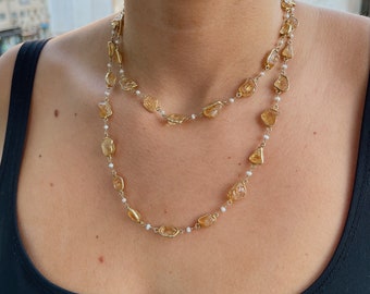 Collier de citrine, cadeau pour maman, collier de pierres précieuses de citrine et de perles brutes, chapelet, collier de pierre jaune