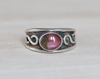 Pink tourmaline sterling silver ring, decorative tourmaline ring, genuine tourmaline ring, filigree 925 silver ring, decorated band