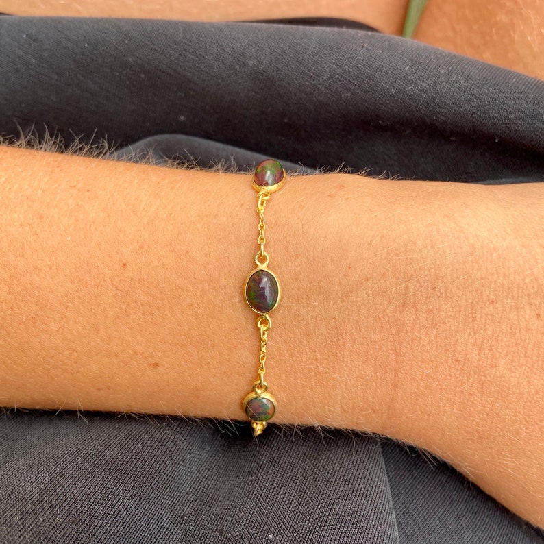 Black ethiopian welo opal bracelet, 3 stone chain bracelet image 5
