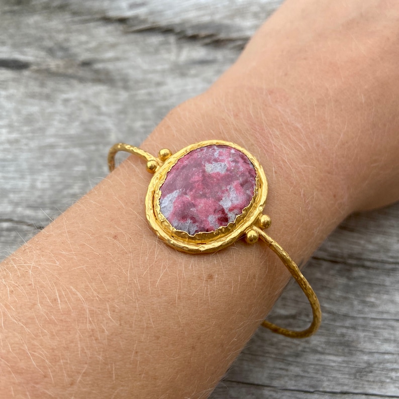 large thulite pendant Thulite bracelet sterling silver 925 gold plated open bracelet wide Thulite cuff natural polished thulite