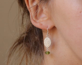 Peridot earrings, silver peridot earrings, minimalist earrings, dangle earrings, dainty earrings, hook earrings, august stone earrings