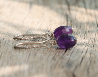 Amethyst silver earrings, dangle silver earrings, purple stone earrings, february birthstone, simple earrings, gift for her
