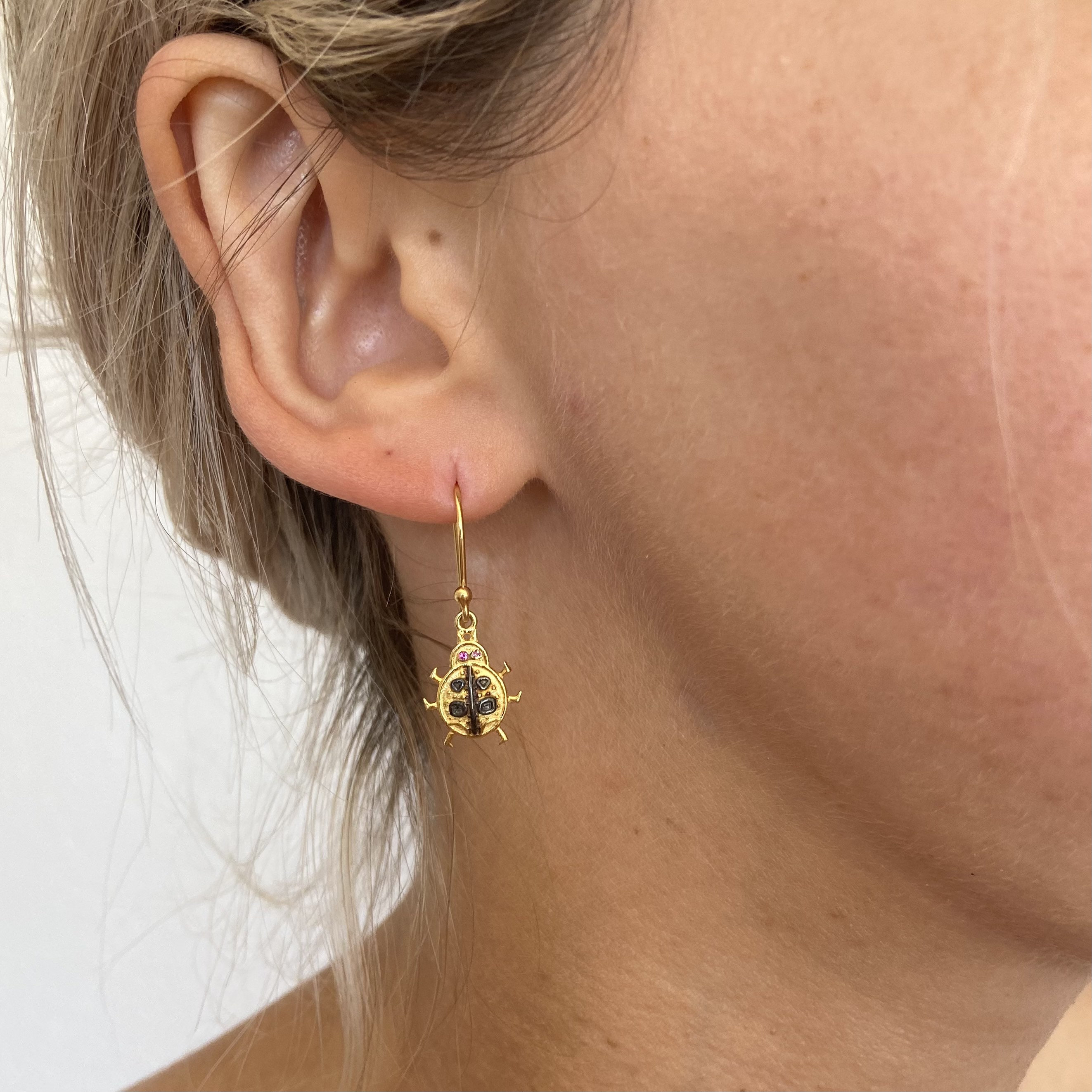 Bug earrings with pink tourmaline gold plated bug earrings Etsy