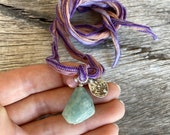 Aquamarine bracelet, silk wraparound bracelet, pink opal bracelet, old silver amulet bracelet, old silver pendant