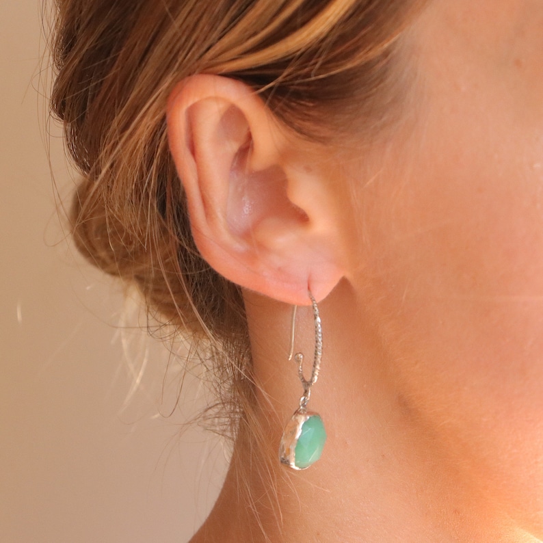 Chrysoprase hoop earrings, sterling silver hoop gemstone earrings, gold hoops, green stone earrings, drop earrings, chrysoprase jewelry image 7
