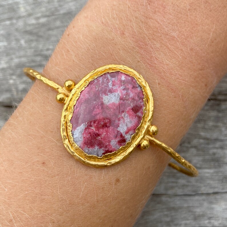 large thulite pendant Thulite bracelet sterling silver 925 gold plated open bracelet wide Thulite cuff natural polished thulite