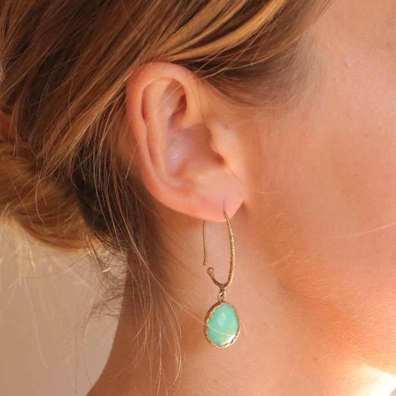 Chrysoprase hoop earrings, sterling silver hoop gemstone earrings, gold hoops, green stone earrings, drop earrings, chrysoprase jewelry image 8