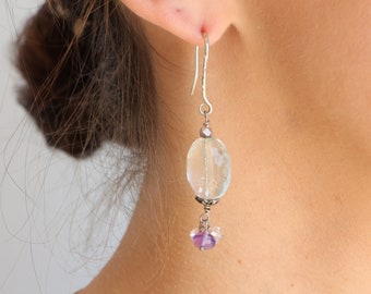 Fluorite and amethyst earrings, sterling silver earrings, amethyst jewelry, dangle earrings, faceted gemstone earrings