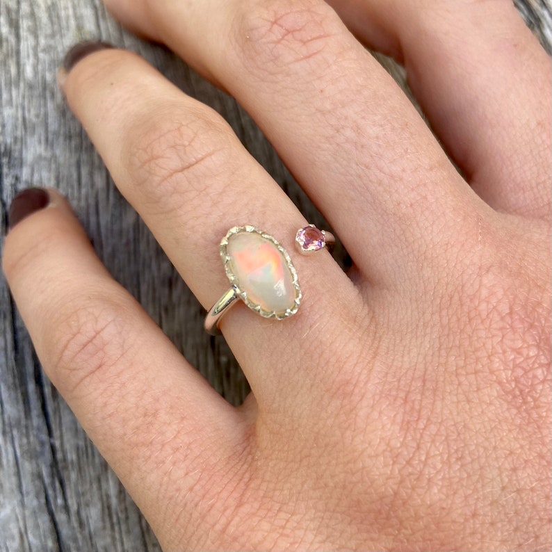 Moonstone and pink tourmaline silver open band US size 5 18 ring gift a friend sterling silver open ring adjustable ring