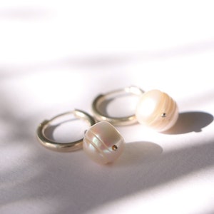 Pearl hoop earrings, pearl earrings, minimalist jewelry, small silver hoops, summer earrings, pearl jewelry, dainty earrings image 4