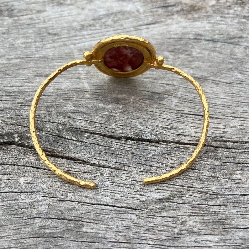large thulite pendant Thulite bracelet sterling silver 925 gold plated open bracelet wide Thulite cuff natural polished thulite