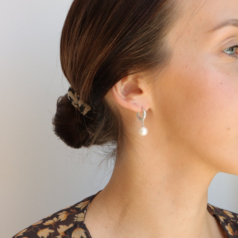 Pearl hoop earrings, pearl earrings, minimalist jewelry, small silver hoops, summer earrings, pearl jewelry, dainty earrings image 8