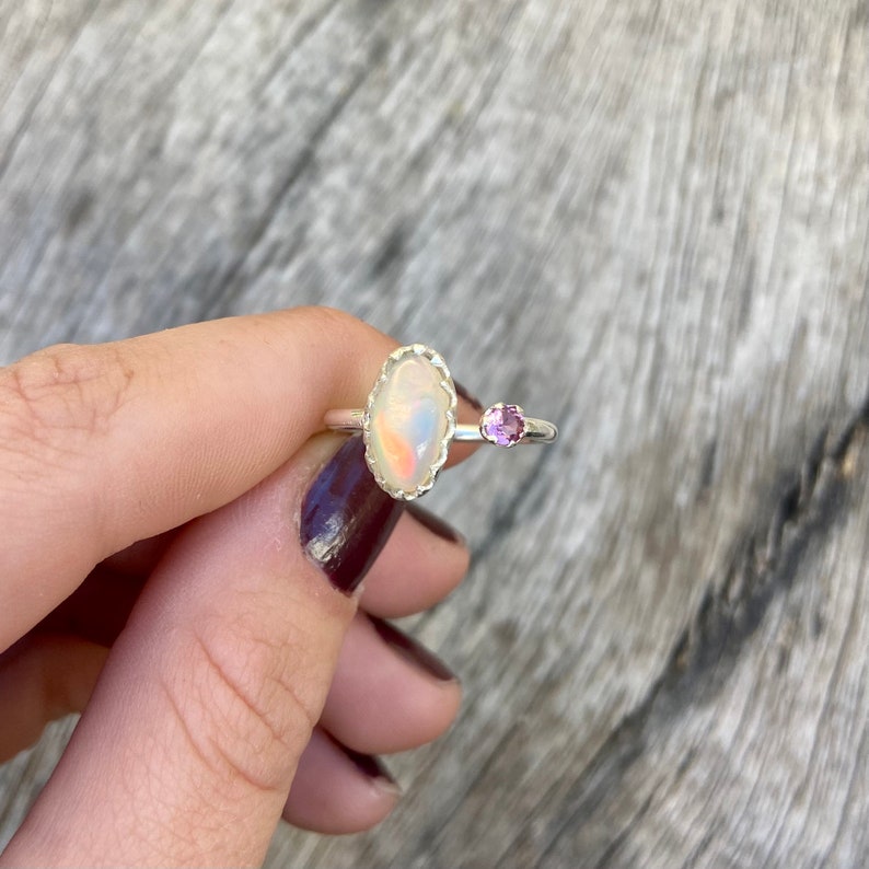 Moonstone and pink tourmaline silver open band US size 5 18 ring gift a friend sterling silver open ring adjustable ring
