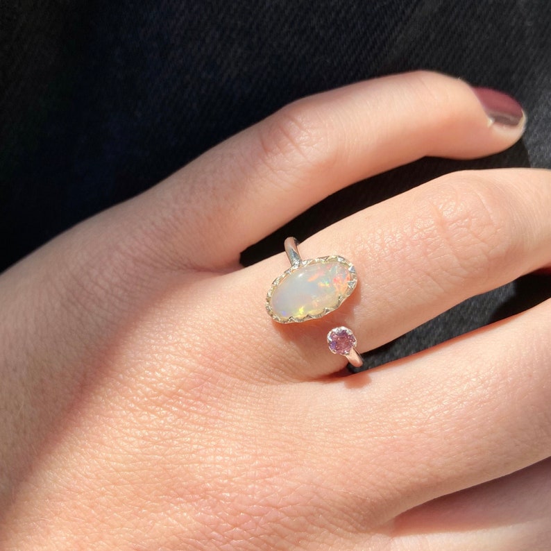 Moonstone and pink tourmaline silver open band US size 5 18 ring gift a friend sterling silver open ring adjustable ring