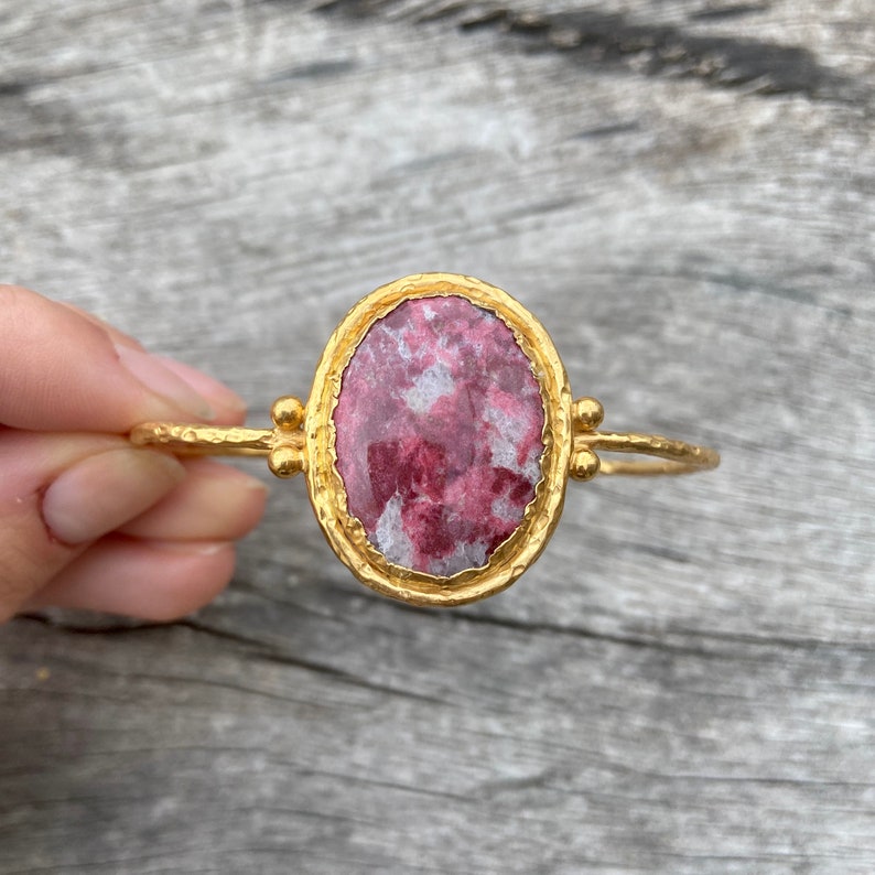 large thulite pendant Thulite bracelet sterling silver 925 gold plated open bracelet wide Thulite cuff natural polished thulite
