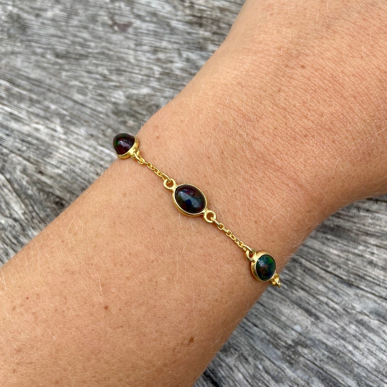 Black ethiopian welo opal bracelet, 3 stone chain bracelet image 6
