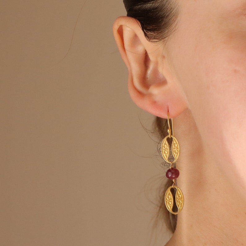 Ruby gold earrings, gold dangle earrings, ruby jewelry, gold drop earrings, womens earrings, hook earrings, decorated earrings image 7