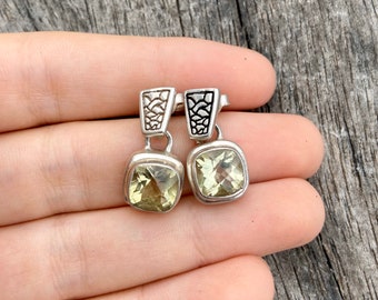 Lemon quartz stud earring, dangle stud earring, sterling silver stud, art deco earring, faceted gemstone stud, faceted lemon quartz