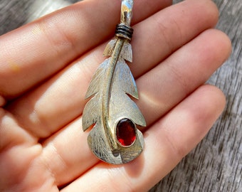 Feather pendant, sterling silver pendant, garnet pendant