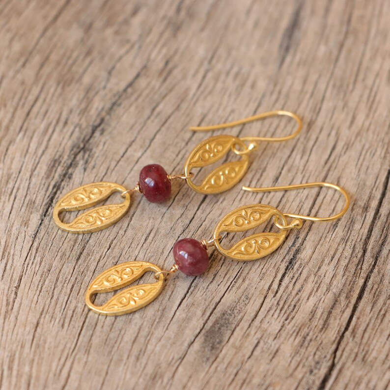 Ruby gold earrings, gold dangle earrings, ruby jewelry, gold drop earrings, womens earrings, hook earrings, decorated earrings image 3