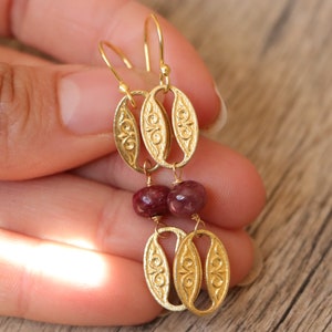 Ruby gold earrings, gold dangle earrings, ruby jewelry, gold drop earrings, womens earrings, hook earrings, decorated earrings image 4