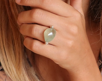 Prehnite sterling silver, swivel gemstone ring, natural stone ring, green stone ring, small size ring, prehnite jewelry, US size 4 3/4