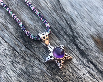 Amethyst star fish pendant, amethyst necklace, amethyst pendant, silver star pendant, silk cord necklace, colourful necklace, gift a friend