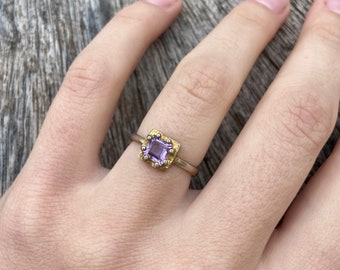 Amethyst silver gold plated ring, faceted amethyst ring, square shaped ring, dainty ring, US size 5 1/8