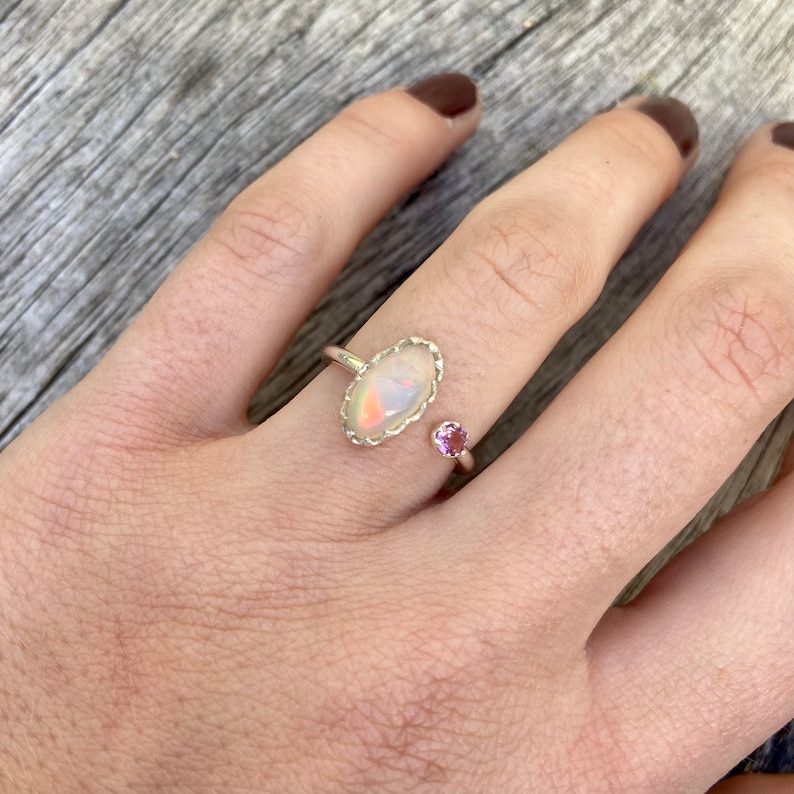 Moonstone and pink tourmaline silver open band US size 5 18 ring gift a friend sterling silver open ring adjustable ring