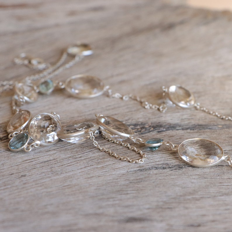 Rock crystal and aquamarine necklace, sterling silver chain necklace, double wrap necklace, multi stone necklace, faceted gemstone necklace image 9