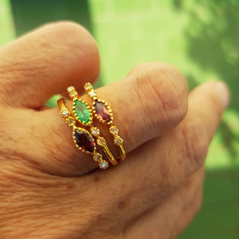 Dainty emerald ring garnet ring diamond ring pink tourmaline ring