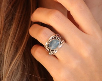Aquamarine and pink tourmaline ring, multi stone ring, wide band ring, sterling silver aquamarine ring, chunky ring, womens gemstone ring