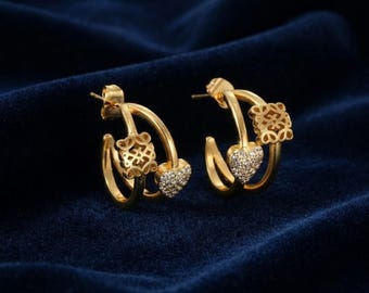 Vintage Gold Hoop Earrings, Loewe Style Crystal Heart Earrings, Retro Luxury Jewelry, Elegant Statement Dangle Earrings, Gift for Women