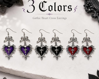 Gotische kruisoorbellen hart, strik hangoorbellen, rood zwart paars hart oorbellen, punk sieraden, gothic cadeau