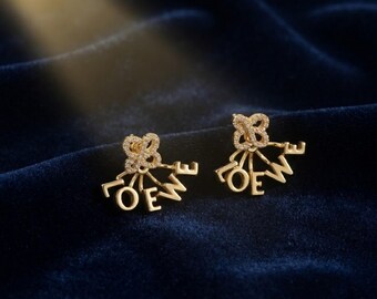 Vintage Gold Earrings, Loewe Style Bow Charm Earrings, Retro Luxury Jewelry, Elegant Letter Drop Earrings, Gift for Women