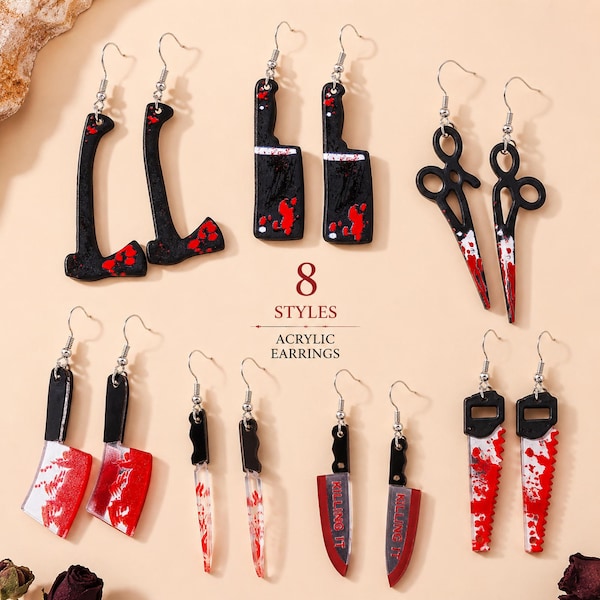 Gothic Horror Acryl Ohrringe, blutige Messer Schere Axt Säge Ohrhänger, Halloween Schmuck, gruseliges Goth Geschenk