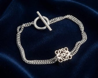 Vintage Silver Bracelet, Loewe Style Chain Bangle, Retro Minimalist Jewelry, Elegant Toggle Cuff Bracelet, Luxury Gift for Women