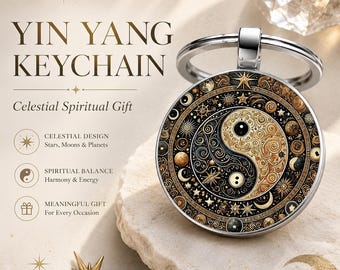 Yin Yang Keychain, Celestial Moon Star Keyring, Spiritual Balance Gift, Astrology Universe Bag Charm