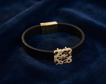 Vintage Leather Bracelet, Loewe Style Gold Cuff Bracelet, Retro Luxury Jewelry, Crystal Buckle Leather Wristband, Gift for Women