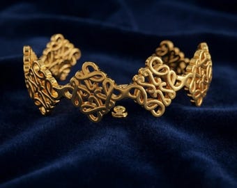 Vintage Gold Bracelet, Loewe Style Crystal Cuff Bangle, Retro Luxury Jewelry, Elegant Openwork Statement Bracelet, Gift for Women