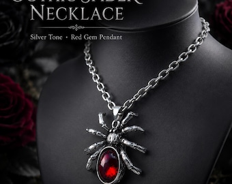 Gothic Spider Necklace, Silver Spider Pendant with Red Gem, Halloween Jewelry, Witchy Goth Gift for Her