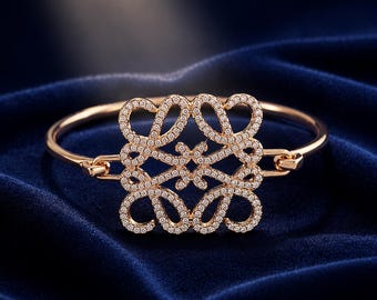 Vintage gouden armband, Loewe-stijl armband met bloemen en kristallen, retro luxe armband met strass-steentjes, elegant sieraad als cadeau voor vrouwen