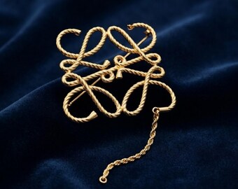 Vintage Gold Brooch, Loewe Style Rope Bow Pin, Retro Luxury Jewelry, Elegant Twisted Statement Brooch, Fashion Gift for Women