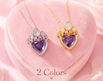 Hartkroonketting, paarse kristallen harthanger, prinsessieraden, goudzilveren ketting, romantisch cadeau voor haar