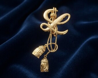 Vintage Gold Brooch, Loewe Style Bow Pendant Pin, Retro Luxury Jewelry, Elegant Tassel Statement Brooch, Gift for Women