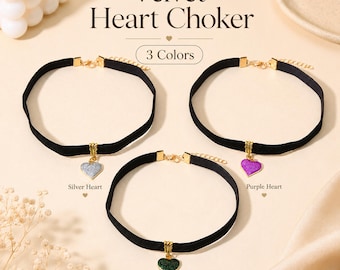 Velvet Heart Choker Necklace, Black Ribbon Collar with Silver Purple Green Heart Pendant, Y2K Gothic Jewelry Gift