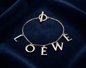 Vintage Silver Bracelet, Loewe Style Letter Charm Chain Bracelet, Retro Luxury Jewelry, Minimalist Toggle Bangle, Gift for Women