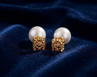Vintage Pearl Earrings, Loewe Style Gold Stud Earrings, Retro Luxury Jewelry, Elegant Minimalist Pearl Earrings, Gift for Women